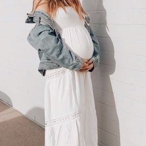 Pink Blush- White Swiss Dot Tiered Maxi Dress NWT